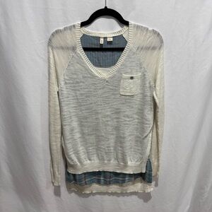 Moth White Blue Layered Look Sweater Button Pocket V Neck Knit Pullover XS Fall